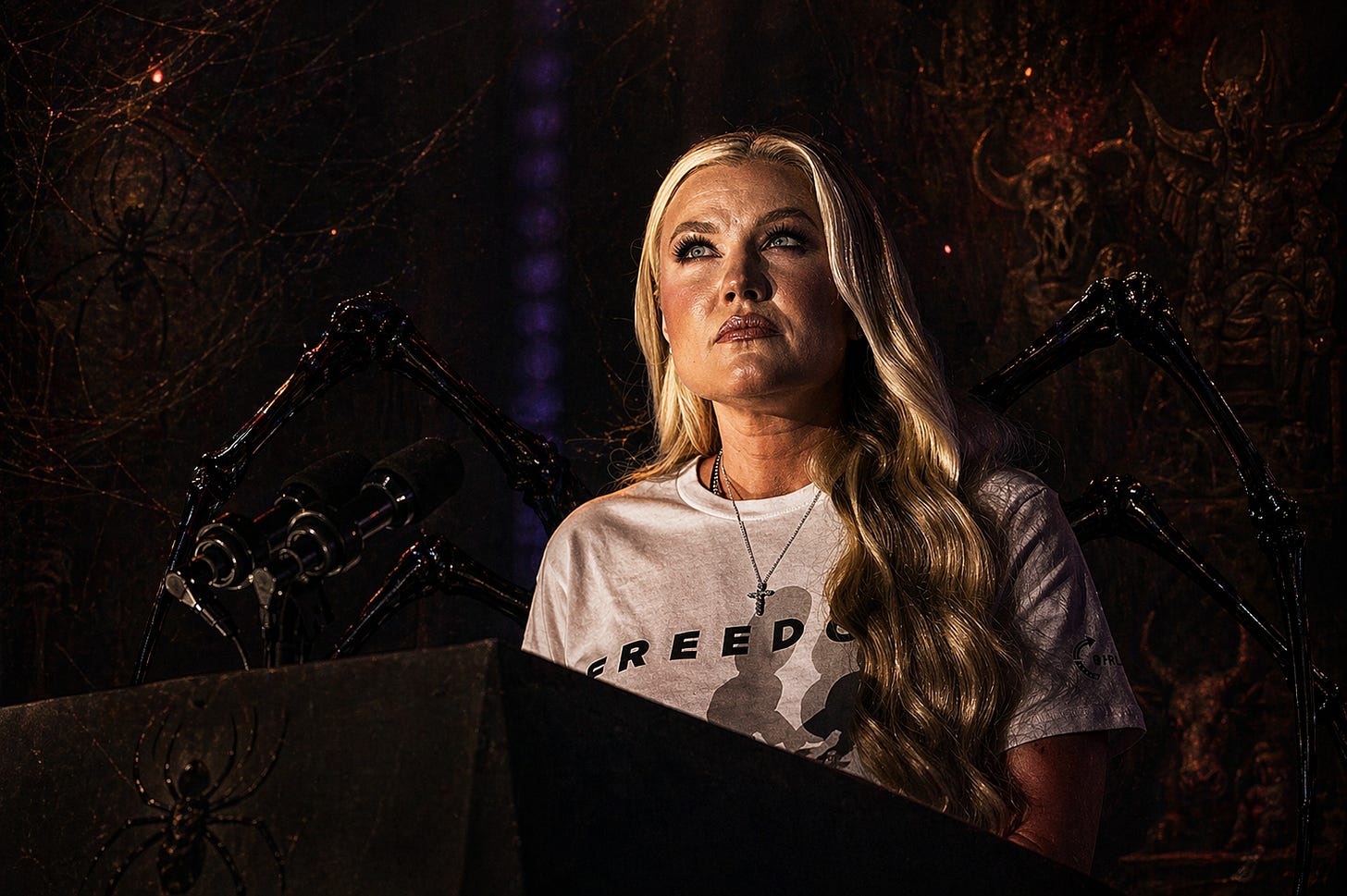 Erika Kirk framed as a Black Widow at the podium: grief recoded as authority, weakness recoded as persecution, and fear recoded as moral innocence. The Georgia story was not just a collapse of facts. It was a staged attempt to turn embarrassment into victimhood.