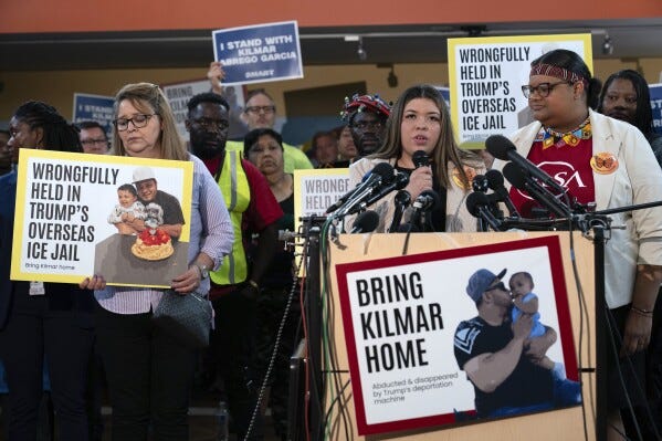 Jennifer Vasquez Sura, the wife of Kilmar Abrego Garcia of Maryland, who was mistakenly deported to El Salvador, speaks during a news conference at CASA's Multicultural Center in Hyattsville, Md., Friday, April 4, 2025. (AP Photo/Jose Luis Magana) Jennifer Vasquez Sura, the wife of Kilmar Abrego Garcia of Maryland, who was mistakenly deported to El Salvador, speaks during a news conference at CASA's Multicultural Center in Hyattsville, Md., Friday, April 4, 2025. (AP Photo/Jose Luis Magana)