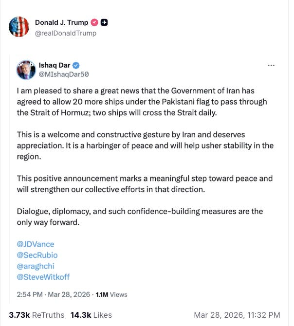I am pleased to share a great news that the Government of Iran has agreed to allow 20 more ships under the Pakistani flag to pass through the Strait of Hormuz; two ships will cross the Strait daily.  This is a welcome and constructive gesture by Iran and deserves appreciation. It is a harbinger of peace and will help usher stability in the region.   This positive announcement marks a meaningful step toward peace and will strengthen our collective efforts in that direction.  Dialogue, diplomacy, and such confidence-building measures are the only way forward.  @JDVance  @SecRubio  @araghchi  @SteveWitkoff