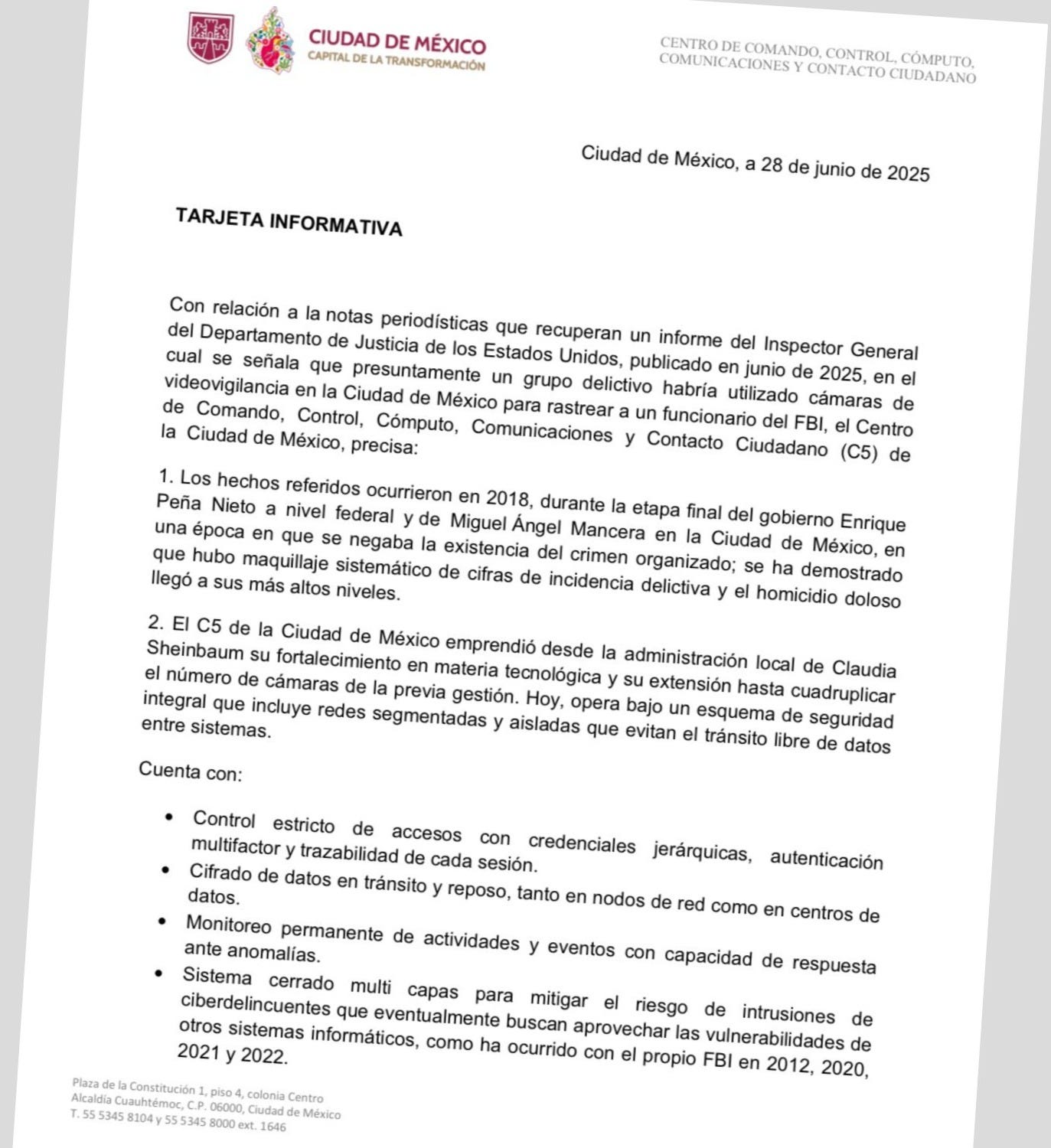 Comunicado del sistema de videovigilancia de la Ciudad de México, conocido como C5, sobre el hackeo a sus instalaciones. https://x.com/C5_CDMX/status/1939105163140046970 Comunicado del sistema de videovigilancia de la Ciudad de México, conocido como C5, sobre el hackeo a sus instalaciones. https://x.com/C5_CDMX/status/1939105163140046970