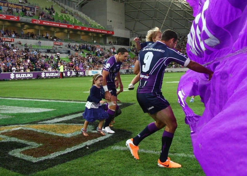 Digital Image by Ian Knight © nrlphotos.com: Billy Slater (Melbourne Storm) Cameron Smith (Melbourne Storm) NRL, Rugby League, Round 2, Melbourne Storm v Penrith Panthers @ AAMI Park, Melbourne, VIC, Saturday March 14th, 2014. 