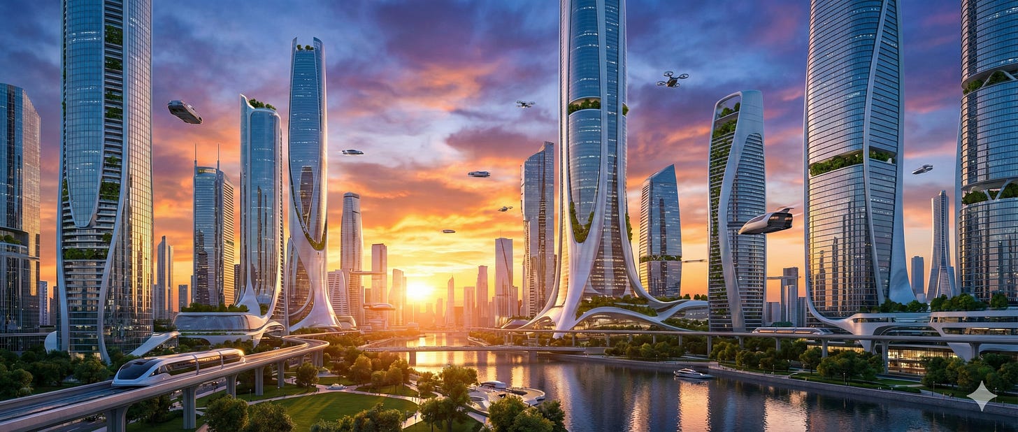 Photorealistic 4K rendering of futuristic cityscape with curved glass skyscrapers, flying vehicles, monorail system, and dramatic sunset sky reflected in waterway