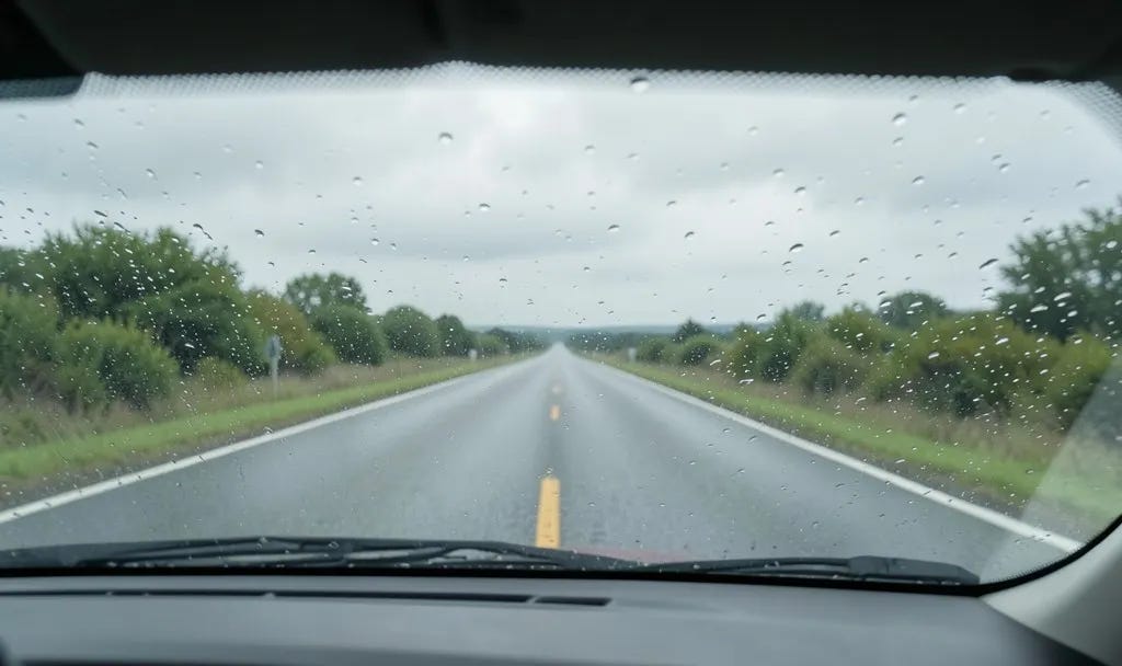 A quiet road seen through a rain covered windshield, representing how stress, exhaustion and temporary emotions can distort the way we see future decisions. A quiet road seen through a rain covered windshield, representing how stress, exhaustion and temporary emotions can distort the way we see future decisions.