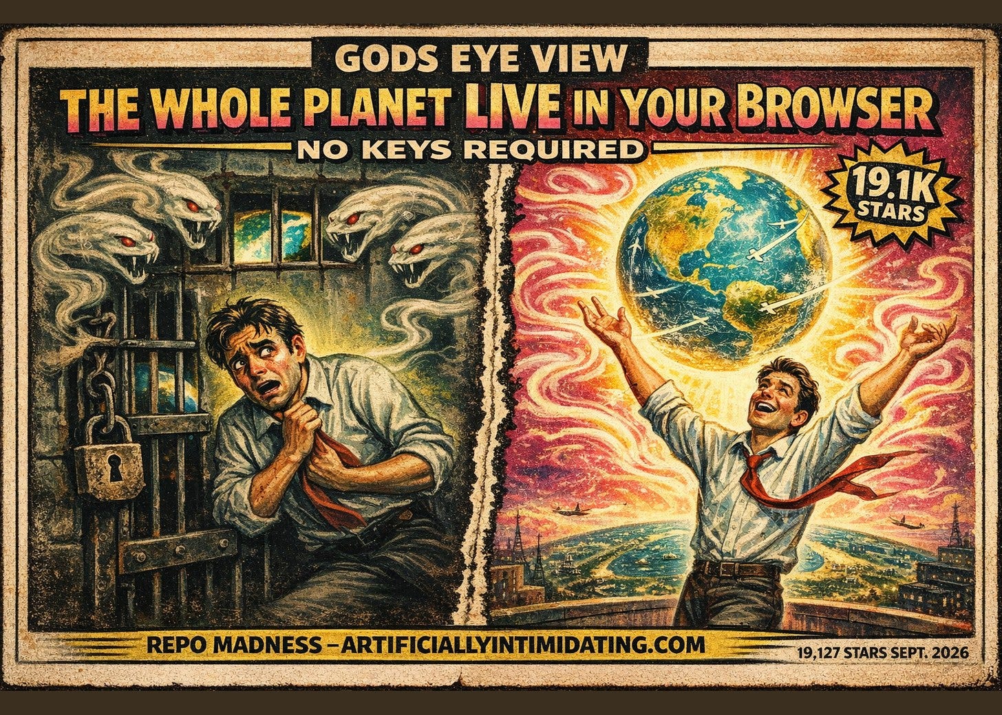 Vintage exploitation-film poster, split into two panels. Left: a frightened analyst crouched behind a padlocked iron gate, glimpsing a sliver of Earth through the bars. Right: the same man on an open rooftop, arms raised beneath a glowing globe crossed by aircraft. Lettering reads GODS EYE VIEW, THE WHOLE PLANET LIVE IN YOUR BROWSER, NO KEYS REQUIRED.
