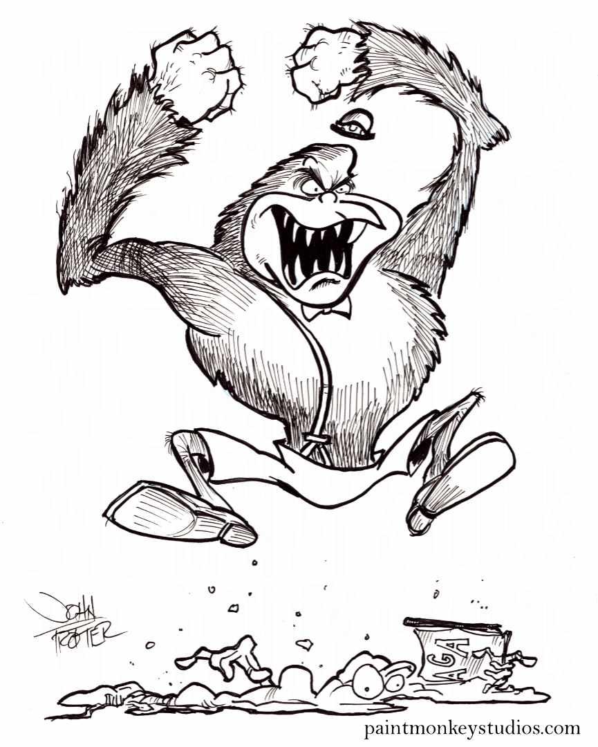 Ink cartoon of angry Magilla Gorilla stomping a maga.