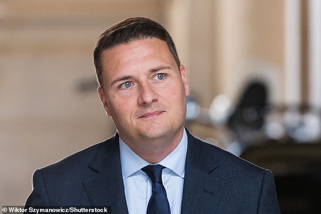Maugham dramatically stepped up his attack on new Health Secretary Wes Streeting (pictured) for making permanent the Conservatives ' emergency restrictions on gender medicine for young people