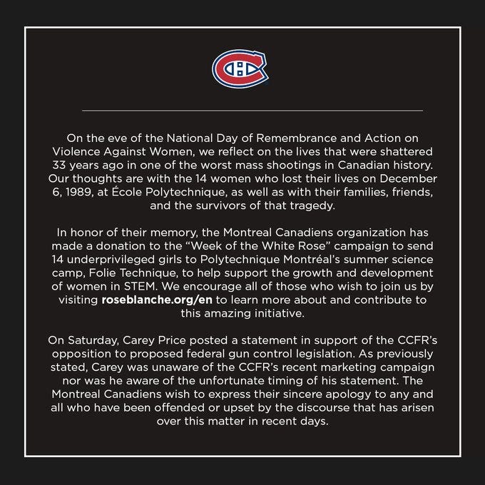 Carey Price apologizes to families of Polytechnique victims for timing of  gun control comments - The Globe and Mail