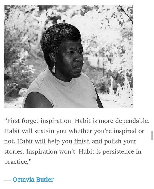 Quote from Octavia Butler with a black and white photo of her in front of a tree looking off in the distance.