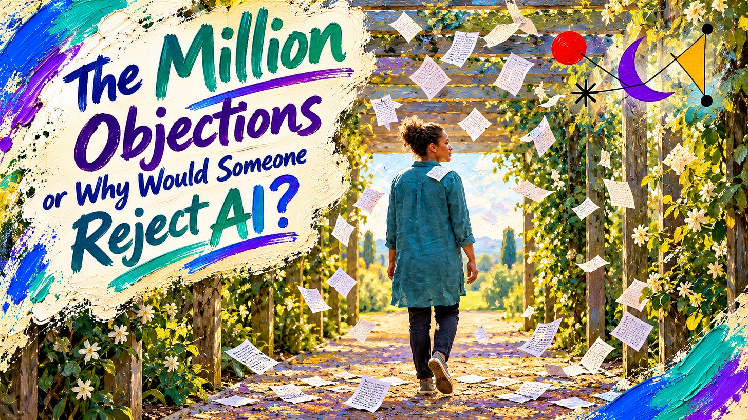 'The Million Objections or Why Would Someone Reject AI?' painted beside a woman in a teal top walking away down a vine-covered pergola path as sheets of paper drift around her.
