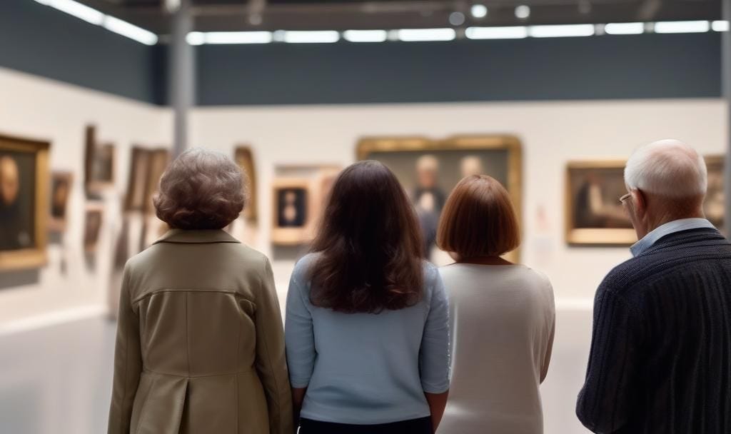 Four people with their backs to us look at paintings in a museum.
