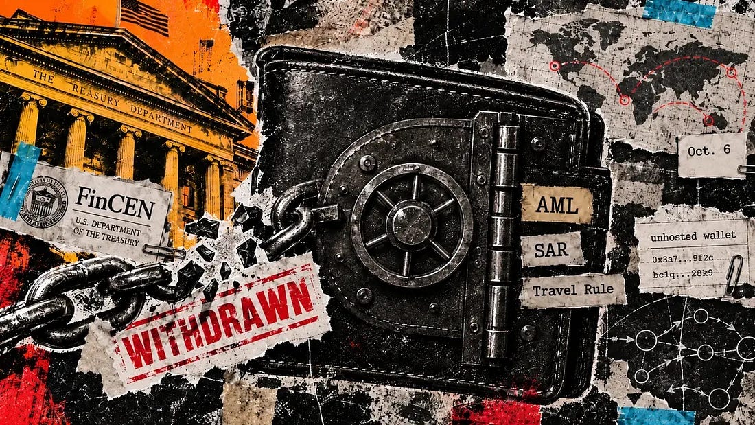Treasury and FinCEN imagery surround a secured wallet as a withdrawn rule breaks away while AML, SAR and Travel Rule duties remain. Treasury and FinCEN imagery surround a secured wallet as a withdrawn rule breaks away while AML, SAR and Travel Rule duties remain.