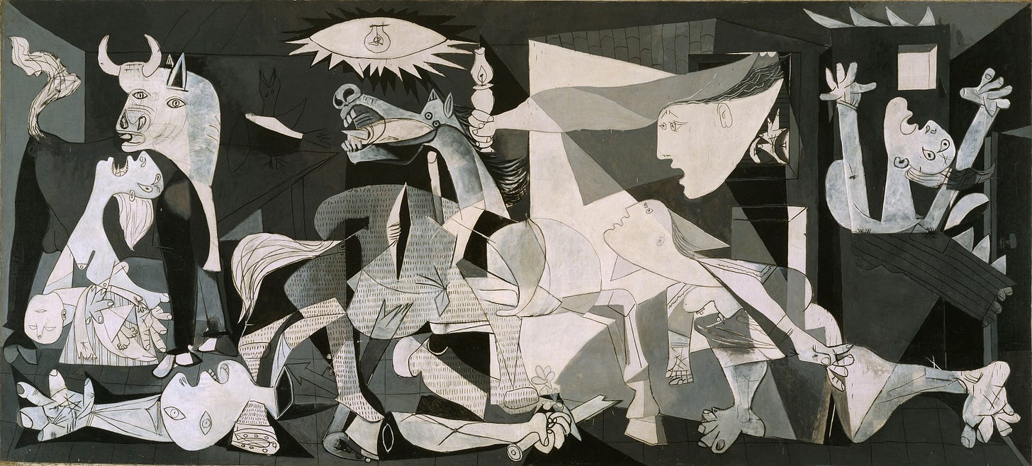 Guernica by Pablo Picasso: a bull, a screaming horse and twisted human figures in black, white and gray