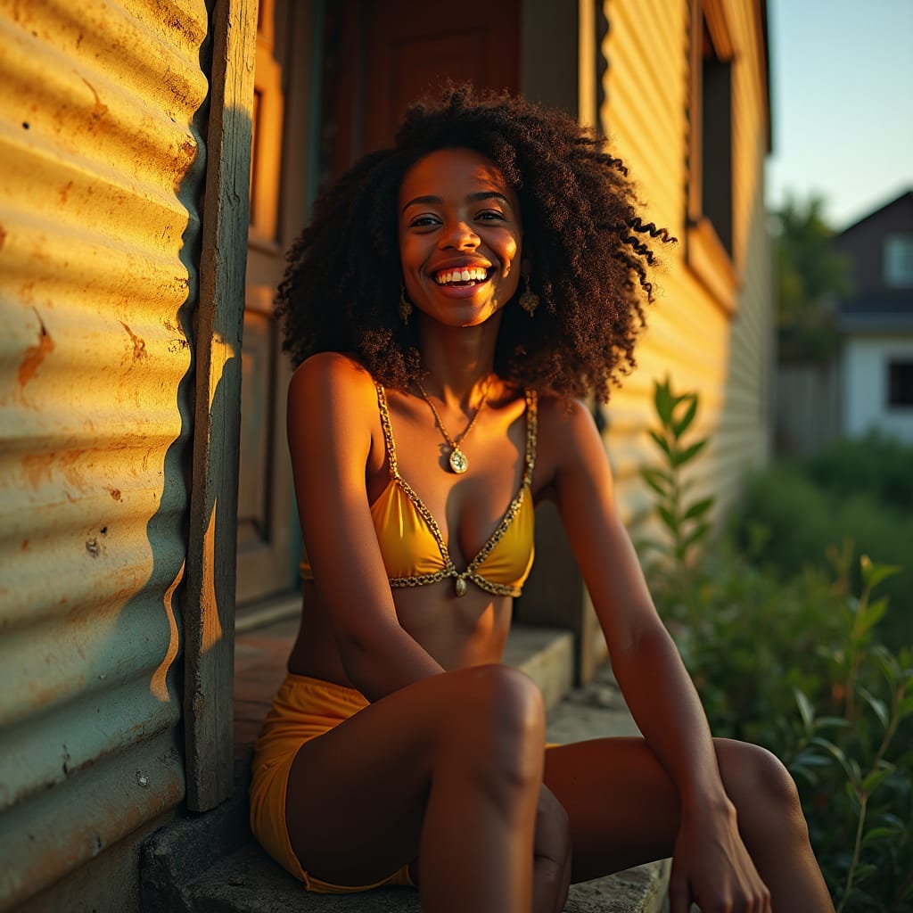 Warm golden light casts a gentle glow on a rustic zinc house in a vibrant Jamaican ghetto, as a stunning light-skinned woman with beautiful, curly dreadlocks sits relaxed on the worn steps, exuding a sense of serenity. Her bright smile and radiant complexion pop against the weathered, earthy tones of the surroundings. Cinematic film still, reminiscent of the works of Terrence Malick, Wong Kar-wai, and Nabil Elderkin, with a warm, sun-kissed color palette and subtle film grain