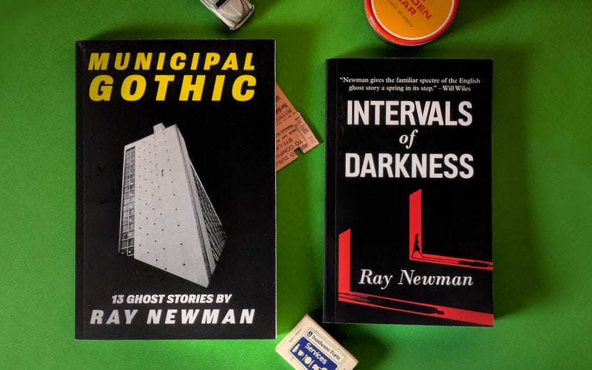Two books, Municipal Gothic and Intervals of Darkness, on a green background scattered with retro tat.