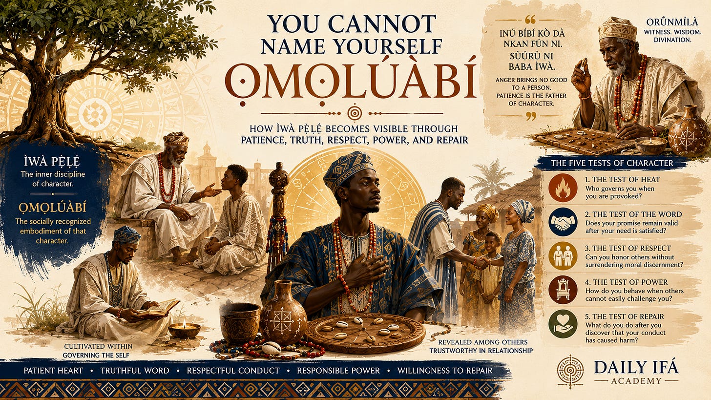 A wide, warm-toned Yoruba-inspired educational illustration titled “You Cannot Name Yourself Ọmọlúàbí.” At the center, a dignified young man in blue traditional clothing stands beside divination symbols and cowries. Around him, scenes show elders teaching, respectful family interaction, reflection, and communal responsibility. The design explains Ìwà pẹ̀lẹ́ as inner discipline and Ọmọlúàbí as socially recognized character, with five tests of character shown on the right: heat, word, respect, power, and repair. A wide, warm-toned Yoruba-inspired educational illustration titled “You Cannot Name Yourself Ọmọlúàbí.” At the center, a dignified young man in blue traditional clothing stands beside divination symbols and cowries. Around him, scenes show elders teaching, respectful family interaction, reflection, and communal responsibility. The design explains Ìwà pẹ̀lẹ́ as inner discipline and Ọmọlúàbí as socially recognized character, with five tests of character shown on the right: heat, word, respect, power, and repair.