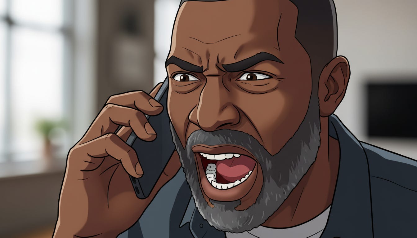 homem negro, de barba e cabelos curtos, grisalho, gritando ao telefone homem negro, de barba e cabelos curtos, grisalho, gritando ao telefone