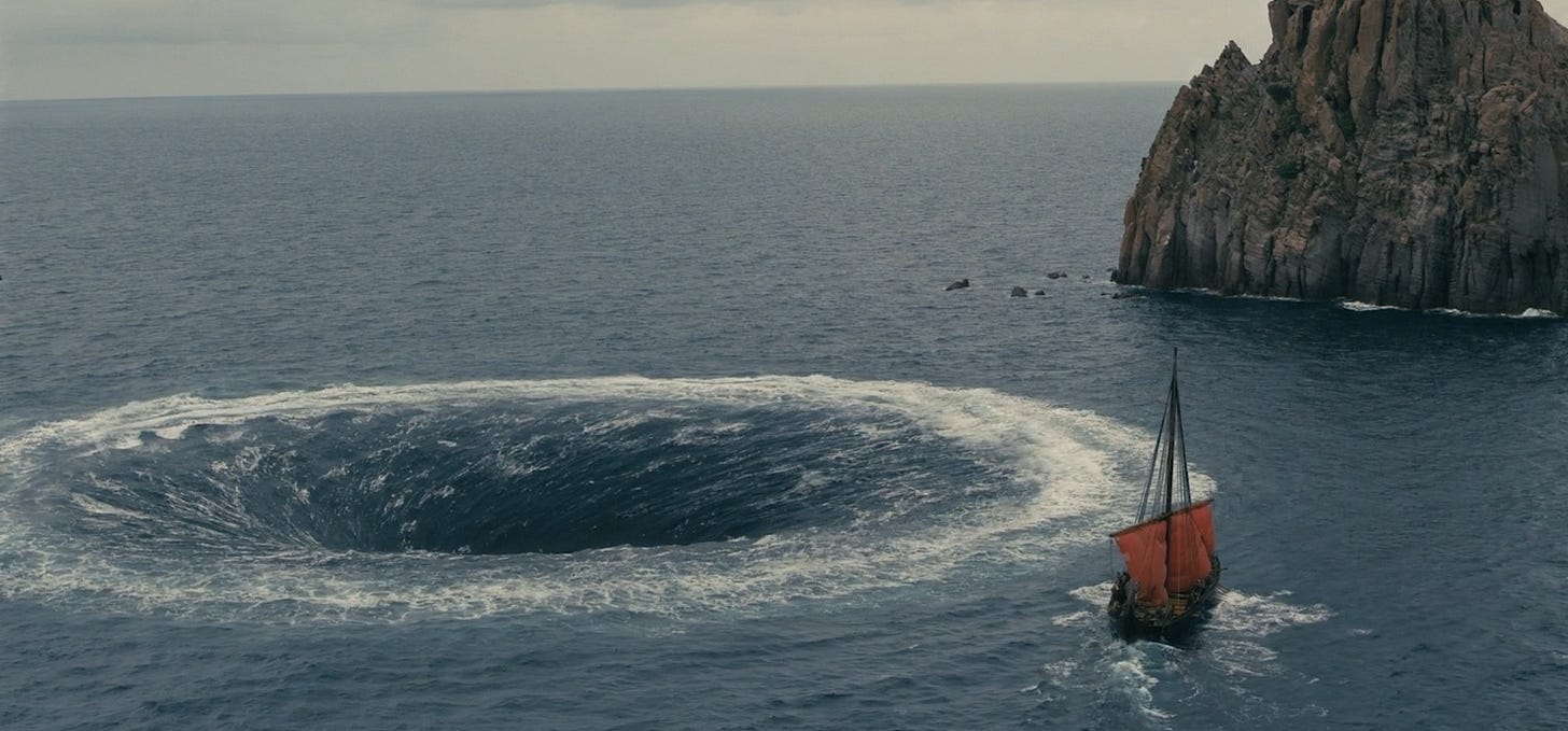 Charybdis makes a whirlpool in the ocean in The Odyssey by Christopher Nolan. Charybdis makes a whirlpool in the ocean in The Odyssey by Christopher Nolan.