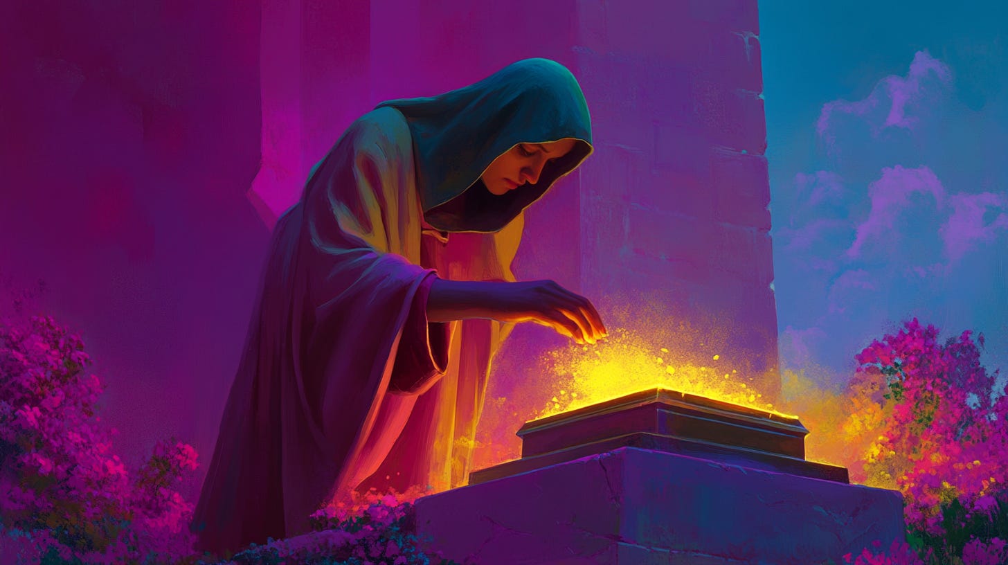 A hooded oracle unveiling a mystical artifact, surrounded by ancient ruins and magical auras, fantasy realism, mystical glow, highly detailed textures, cinematic depth --ar 16:9 --sref 519156157 --v 6.1 A hooded oracle unveiling a mystical artifact, surrounded by ancient ruins and magical auras, fantasy realism, mystical glow, highly detailed textures, cinematic depth --ar 16:9 --sref 519156157 --v 6.1