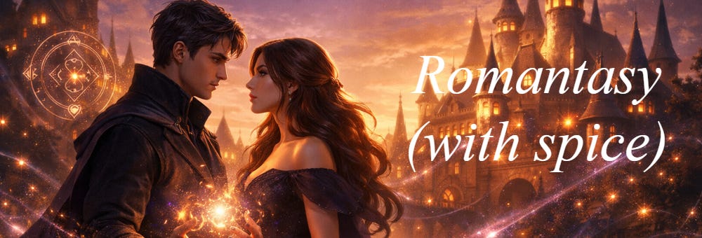Romantasy with spice banner featuring a magical couple facing each other before a glowing fantasy castle at sunset, with sparkling spell magic and a romantic fantasy atmosphere.