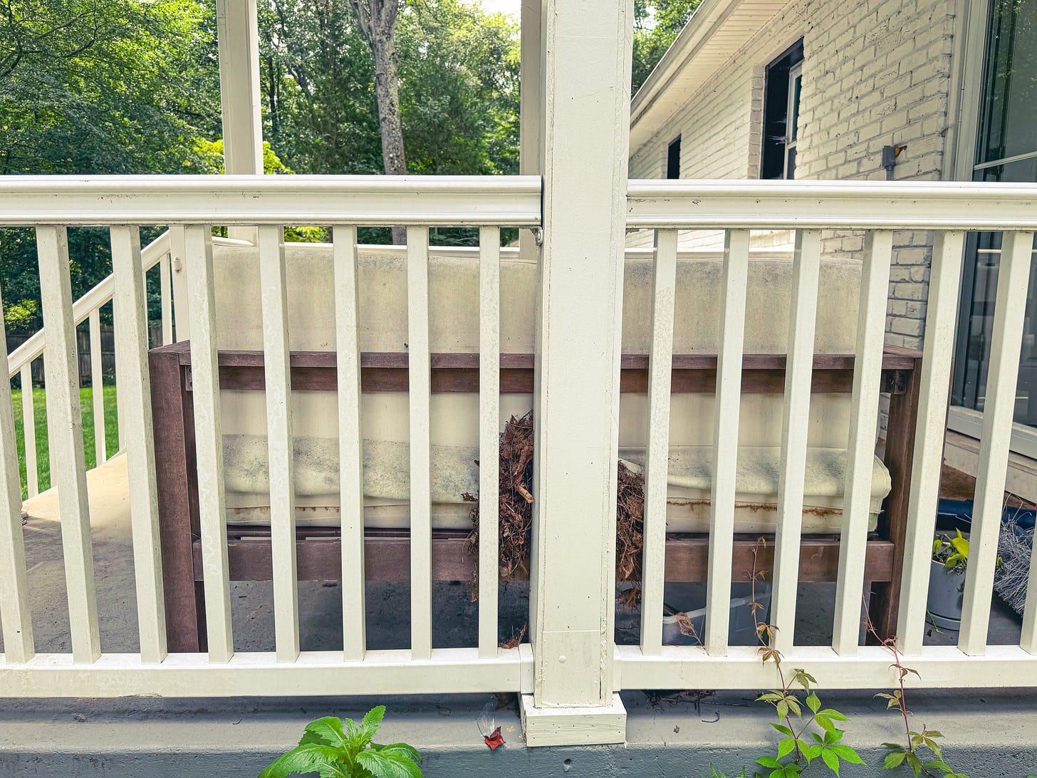 a view of the nest up against couch and the railing on Christie's porch. a view of the nest up against couch and the railing on Christie's porch.