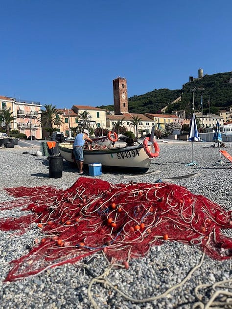Top L-R: devouring an octopus panino, the original Ligurian focaccia, Marinda black pomodori, fresh caught sardines, Mar Ligure, fried anchovies with lemon heaven, colored-tile alimentari, fishing nets and boats on the public beach, duck face toast with my love