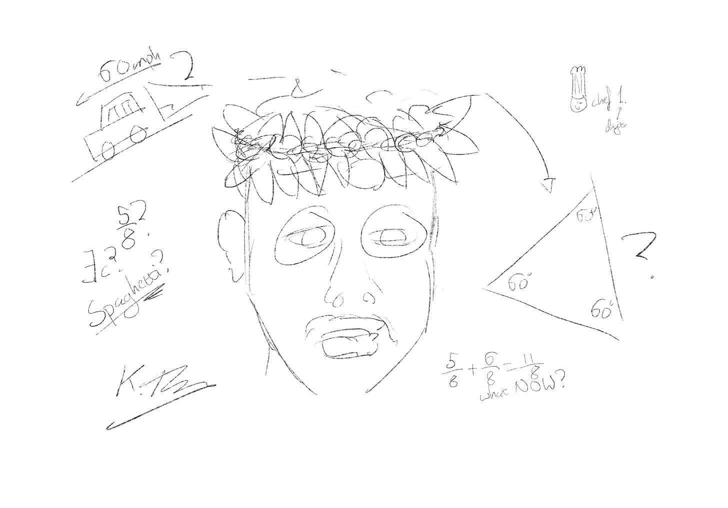 A sketch of Kai Tebay wearing a laurel wreath and looking dismayed, surrounded by numbers and questions