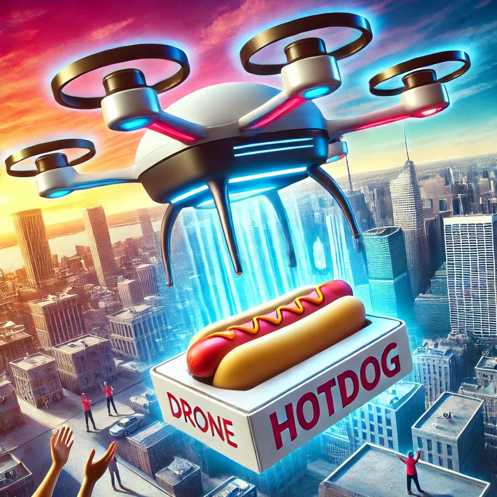 A futuristic drone delivering a hotdog in a city skyline. The drone has a sleek, modern design with a small insulated compartment holding a fresh hotdog. The background shows a vibrant urban environment with excited customers receiving their drone-delivered hotdogs. The image is dynamic and eye-catching, ideal for an Instagram ad.