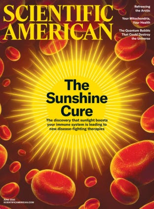Cover of Scientific American magazine featuring sunlight and red blood cells. Cover of Scientific American magazine featuring sunlight and red blood cells.