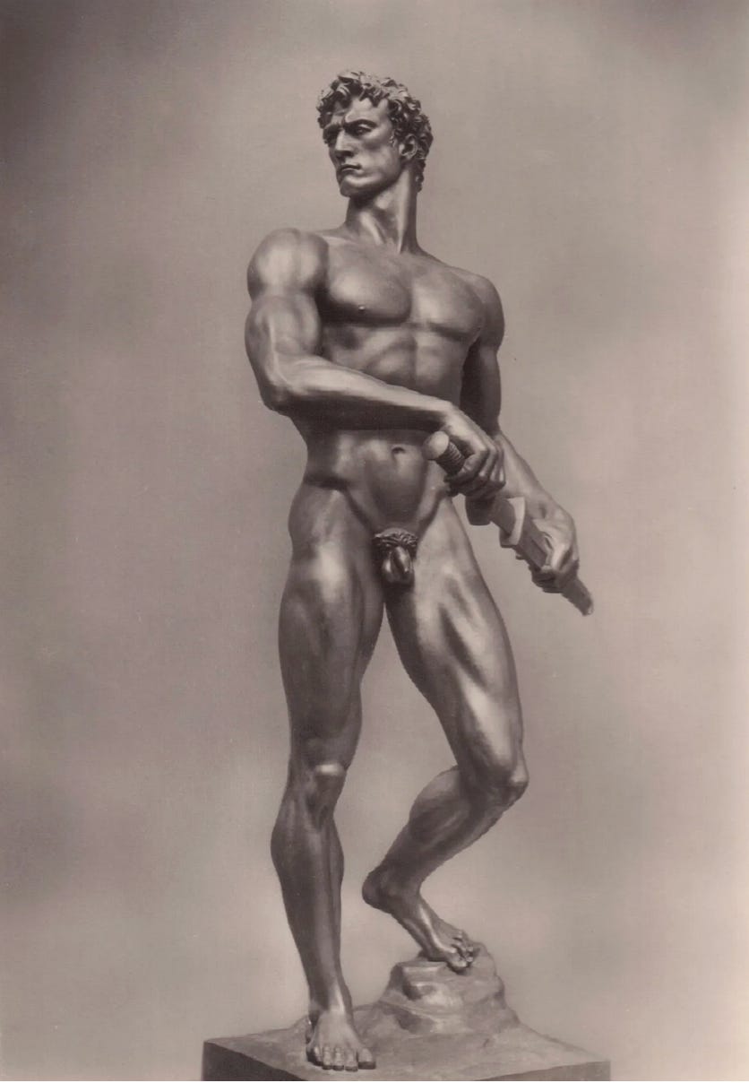 nude ridiculously muscled dude pulling a sword from a scabbard; sculpture nude ridiculously muscled dude pulling a sword from a scabbard; sculpture