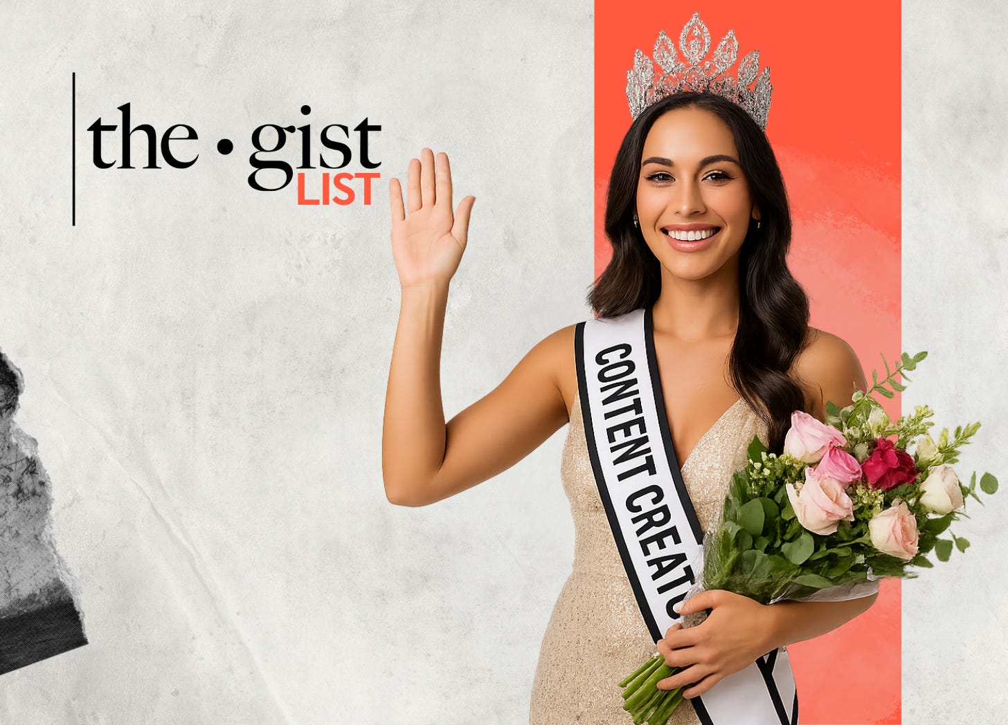A beauty pageant winner in a shimmering gown waves proudly while holding a bouquet of flowers. A white sash across her torso reads “CONTENT CREATOR,” blending traditional pageantry with modern influencer culture.