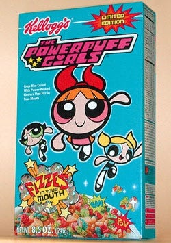 A limited-edition box of Powerpuff Girls cereal, available in supermarkets nationwide.