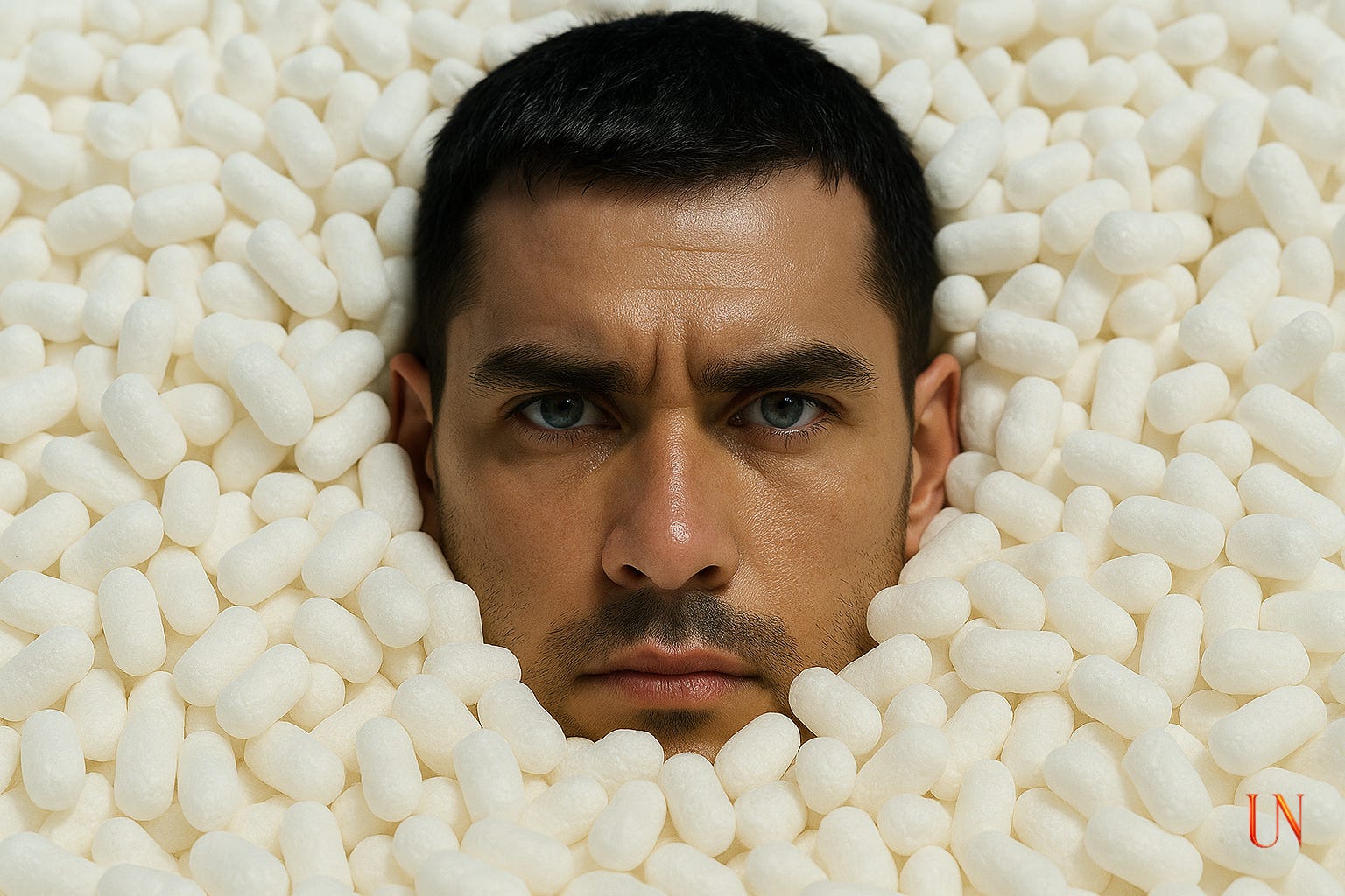 A close-up of a human face distorted under a layer of white plastic beads, eyes and mouth straining through the barrier. The image evokes suffocation, entrapment, and the violence of assimilation inside structures of whiteness.