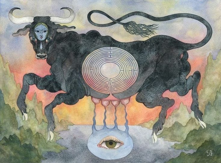 This may contain: a drawing of a bull with an eye on it's face and another animal in the background This may contain: a drawing of a bull with an eye on it's face and another animal in the background