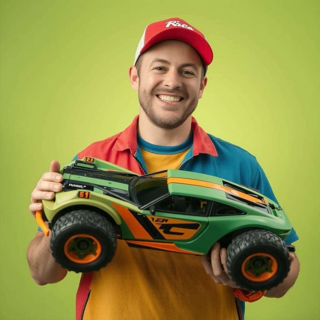 enthusiastic 30-year-old Caucasian man with vivid color casual clothes wearing a baseball hat, holding a huge toy car in hands. wearing contrasting vivid color accessories reflecting happiness isolated on a vivid contrasti enthusiastic 30-year-old Caucasian man with vivid color casual clothes wearing a baseball hat, holding a huge toy car in hands. wearing contrasting vivid color accessories reflecting happiness isolated on a vivid contrasti