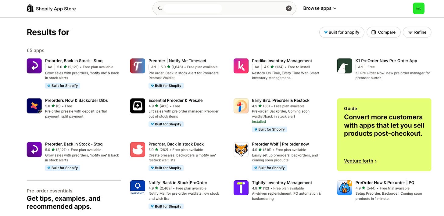 Screenshot of Shopify App Store search results showing preorder apps. The top results include "Preorder, Back In Stock - Stoq" (5.0 stars, free plan available), "Preorder | Notify Me Timesact" (5.0 stars, free plan available), "Prediko Inventory Management" (4.9 stars, free to install), "K1 PreOrder Now Pre-Order App" (free), "Preorders Now & Backorder Dibs" (5.0 stars, free), "Essential Preorder & Presale" (4.9 stars, free), and "Early Bird: Preorder & Restock" (4.9 stars, free plan available) among others. Most apps display high ratings and offer free plans or installations.