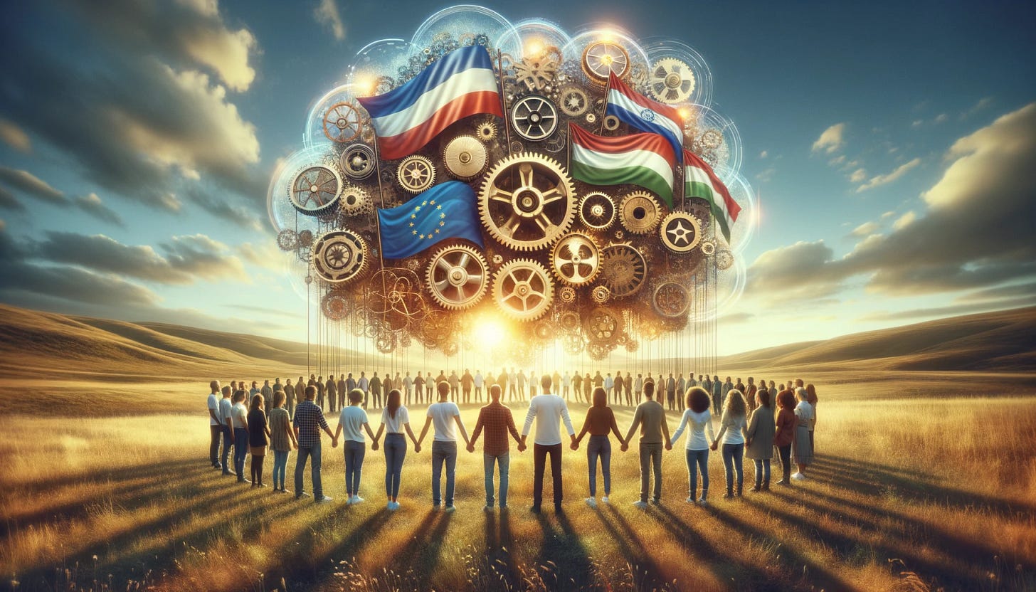 A wide aspect ratio image of a symbolic representation of unity and collaboration within independence movements. It features a group of people from various ethnic backgrounds holding hands in a show of solidarity. The people are standing in a semi-circle on a grassy plain that stretches towards a horizon beneath a clear sky. Their attire is casual, reflecting a diversity of cultures without specific national symbols. Additionally, there's a series of large, interconnected gears hovering above them, made of a translucent material that glows with a golden light, symbolizing the interconnected nature of their efforts and the seamless unity of their cause.