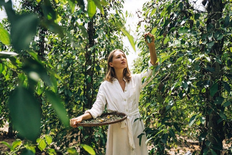 A woman picking vegetables from a tree limb