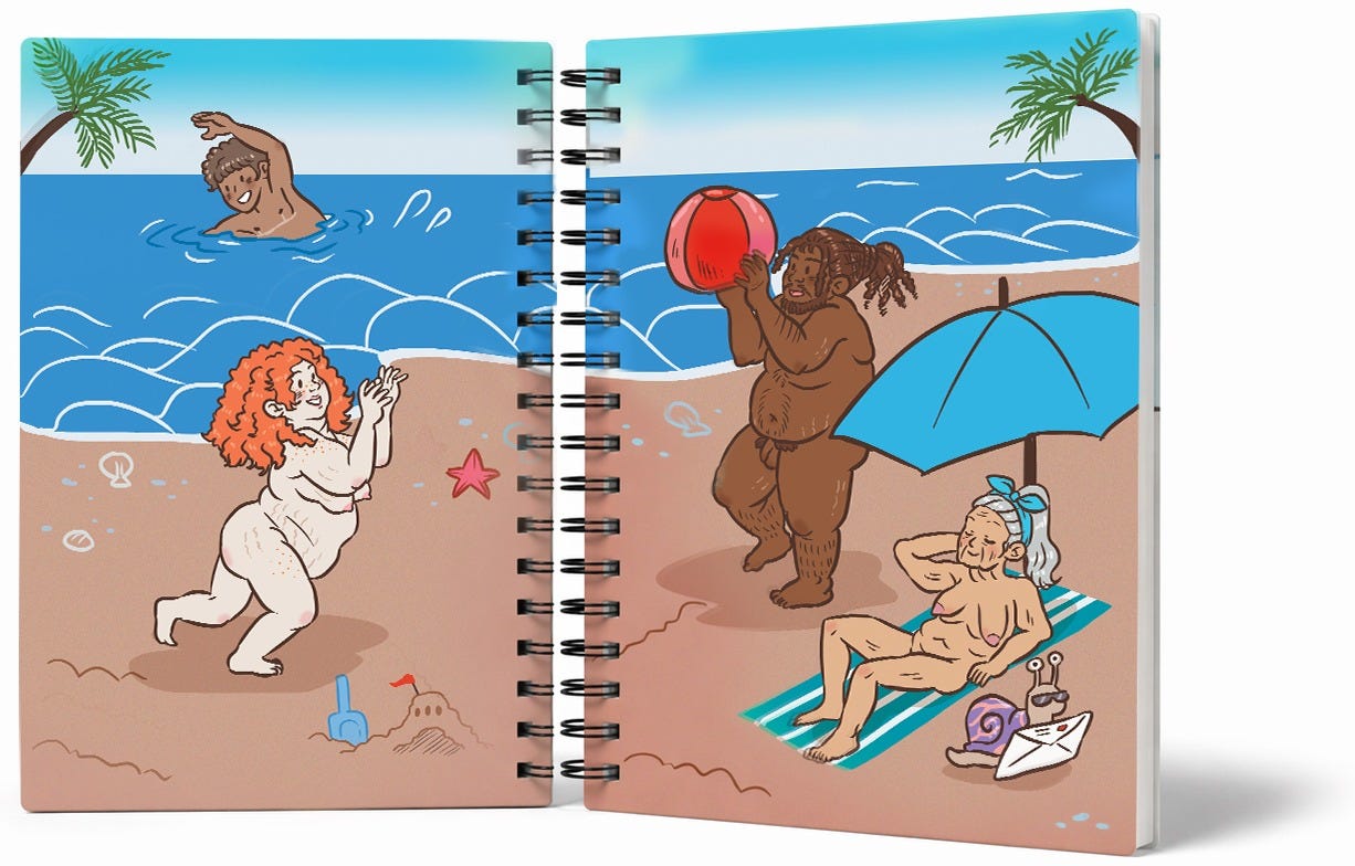 The Planet Nude Sticker Book open flat, showing Eliot de Vedia's cover art across both pages: a nude beach scene with a redheaded woman, a bearded man holding a beach ball, an older woman sunbathing on a striped towel, and the Planet Nude snail mascot nearby.
