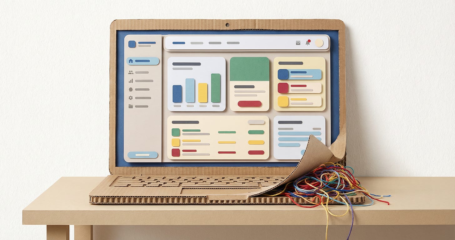 Papercraft cardboard laptop showing a generic but polished consumer app interface, with one corner peeling back to reveal tangled yarn underneath.