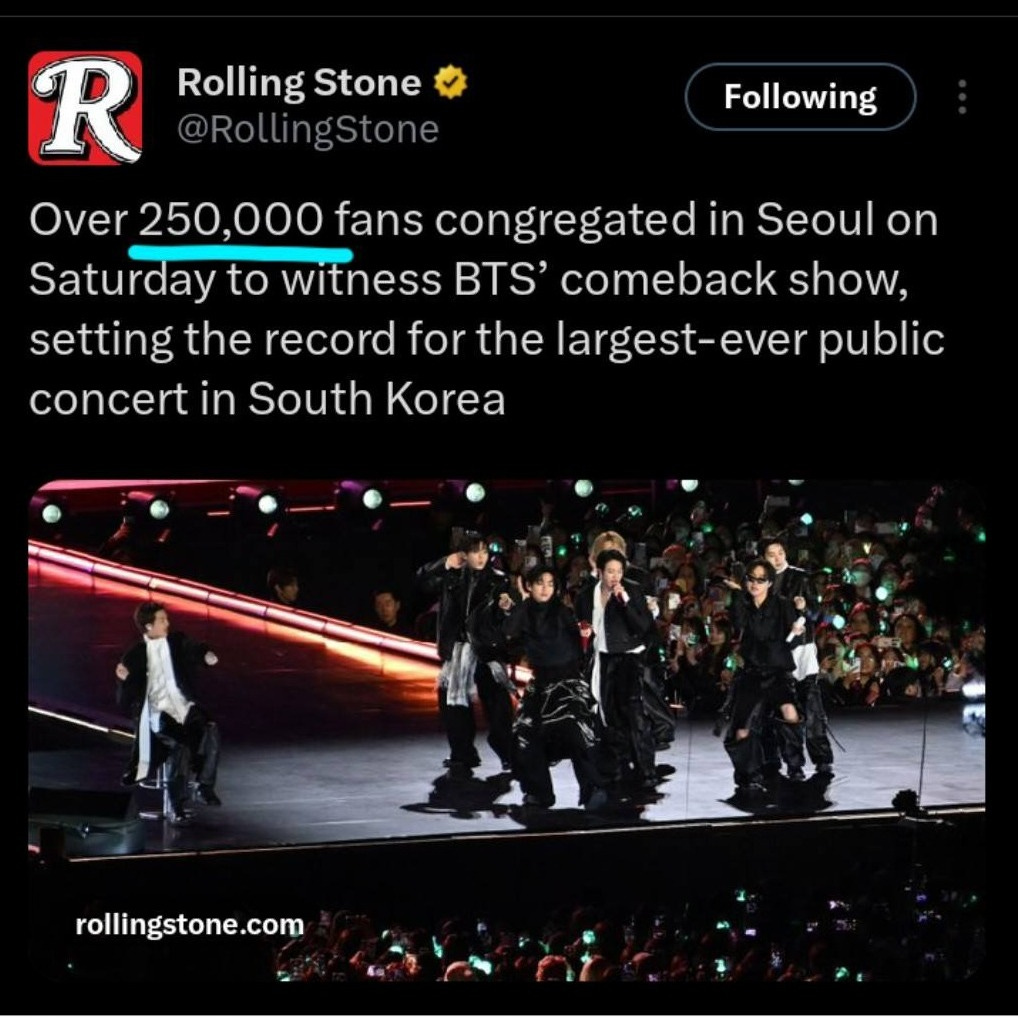May be a Twitter screenshot of one or more people, bangs, magazine, concert and text that says 'Following R Rolling Stone @RollingStone gstone Over 250,000 fans congregated in Seoul on Saturday to witness BTS' comeback show, setting the record for the largest-ever public concert in South Korea ollingstone.com'