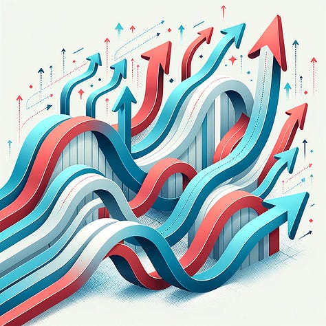 1. A 3D illustration of a blue upward arrow smoothly navigating above a series of vertical bars, representing growth or progress on a grid background. 2. A 3D illustration showing two intertwined arrows in shades of blue and red, rising above a collection of vertical bars, symbolizing interconnected growth or trends. 3. A dynamic 3D depiction of multiple wavy arrows, primarily in blue and red tones, weaving in and out of vertical bars, surrounded by smaller arrows and indicators, suggesting complex growth patterns or multiple directions.