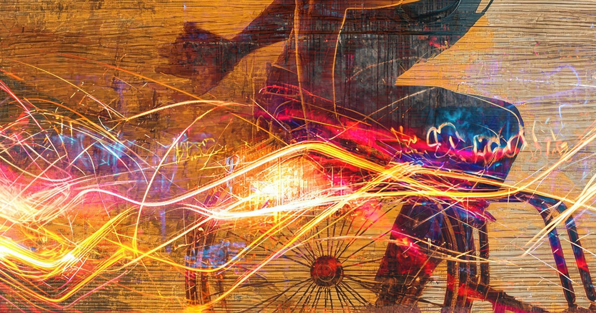 Stylized image of a speeding figure in a wheelchair etched in wood with a rainbow swirl of lights and sparks spilling off.