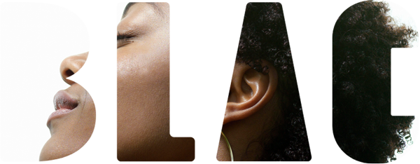 The word "BLAC" superimposed with a portrait of a Black woman with her eyes closed and a serene smile.
