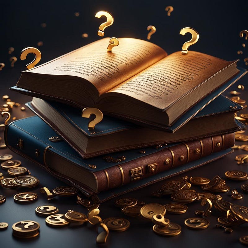 Pile of books, top one oen, lots of question marks Pile of books, top one oen, lots of question marks