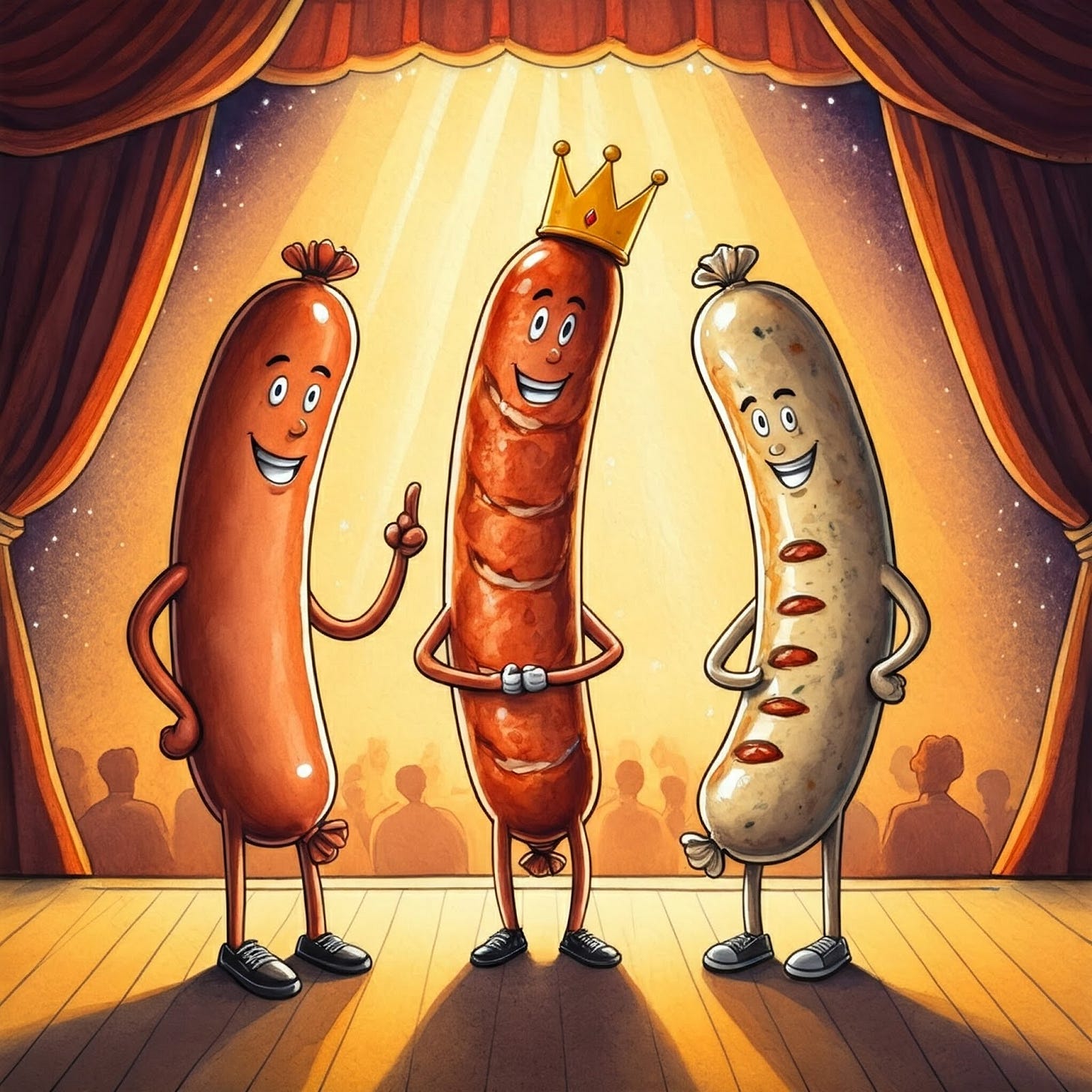 Three sausages on a stage with the one in the middle crowned as a winner Three sausages on a stage with the one in the middle crowned as a winner