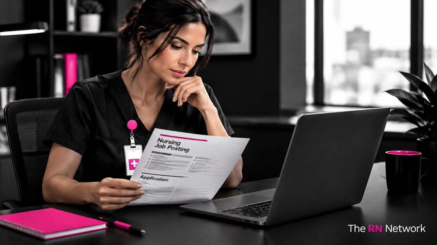 A nurse in black scrubs reviews a nursing job posting and application at a desk, with The RN Network logo A nurse in black scrubs reviews a nursing job posting and application at a desk, with The RN Network logo