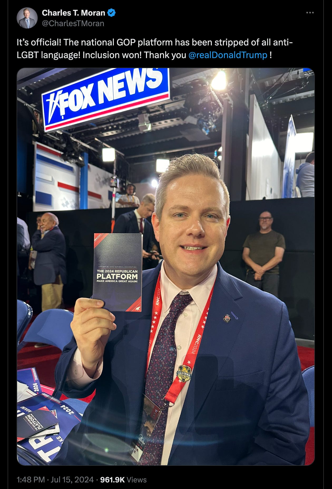 It’s official! The national GOP platform has been stripped of all anti-LGBT language! Inclusion won! Thank you @realDonaldTrump ! It’s official! The national GOP platform has been stripped of all anti-LGBT language! Inclusion won! Thank you @realDonaldTrump !