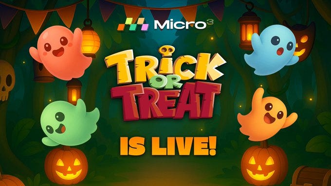 Colorful ghosts in pink, blue, green, and orange float around carved pumpkins with glowing faces. Text reads "Trick or Treat IS LIVE!" with the Micro3 logo above. Decorative elements include lanterns, skulls, and festive banners.