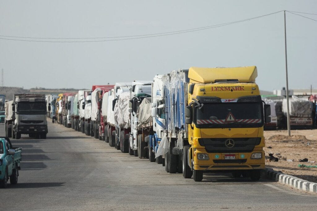 Aid trucks wait at the Gaza border, January 2025. Source: Reuters