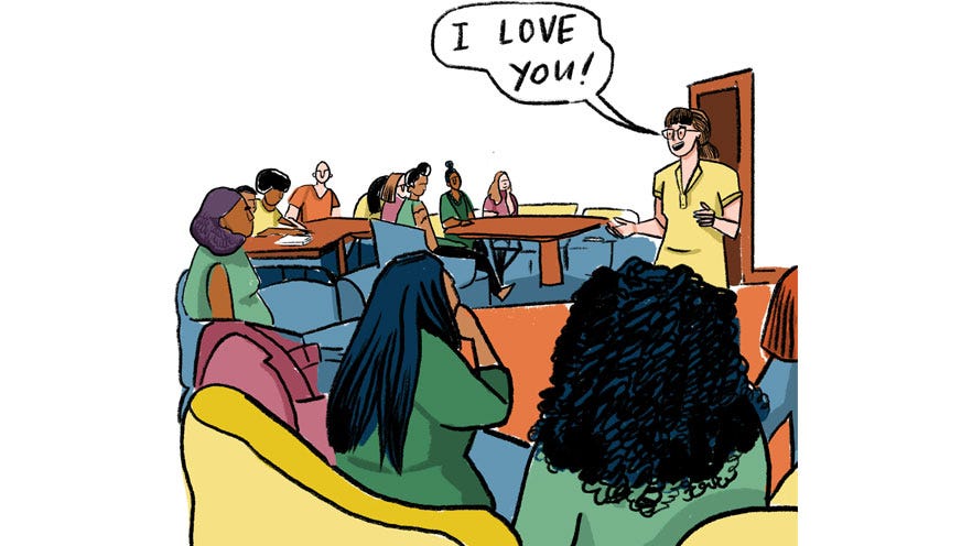 Illustration of Sophie Lucido Johnson ’08 in a classroom saying “I love you” to her students.